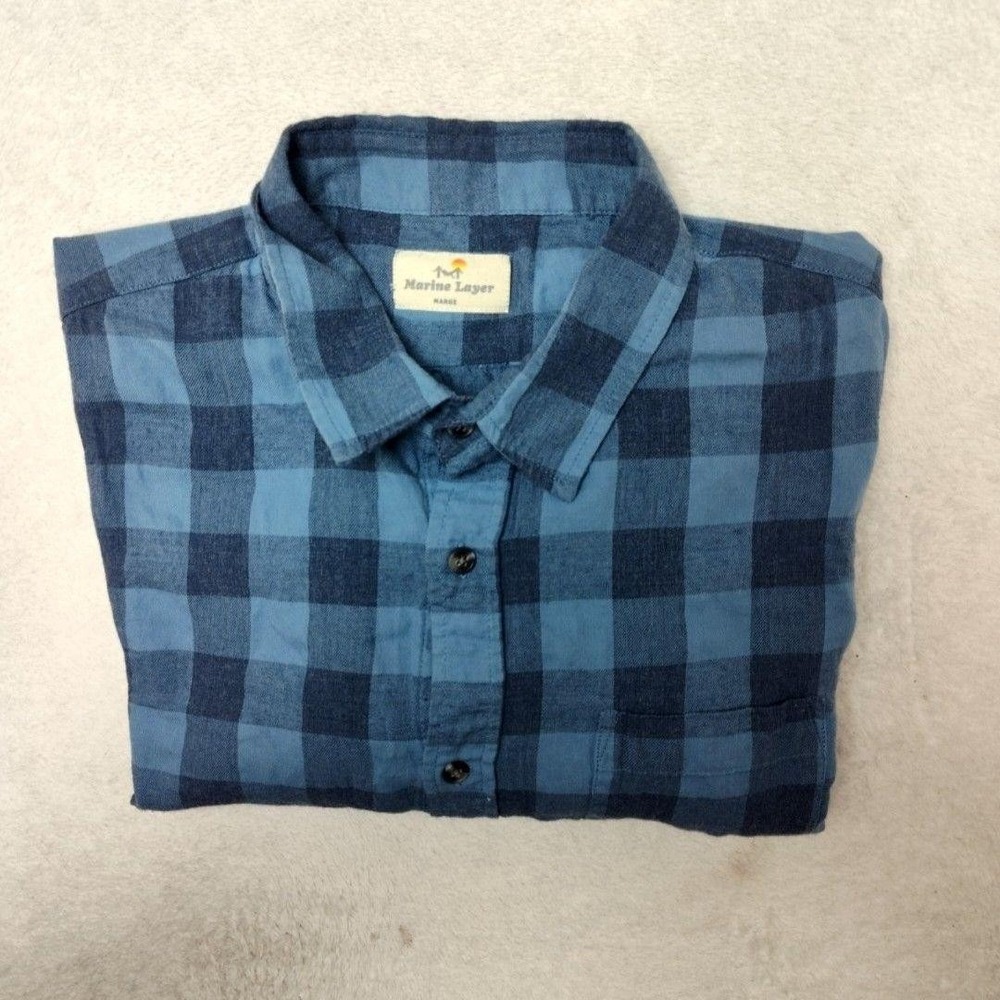 Marine Layer Shirt Mens S Blue Plaid Button-Up Flannel Cotton Long Sleeve
